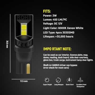 لامپ های LED 360 درجه T10 194 168 147 W5W 3030 لامپ های داخلی خودرو LED خطای رایگان چراغ صفحه مجوز