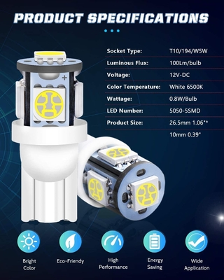 194 لامپ LED خودرو 6500K Wedge T10 تراشه SMD 5050