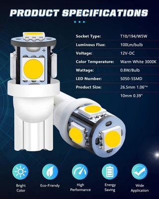 194 لامپ LED خودرو 6500K Wedge T10 تراشه SMD 5050