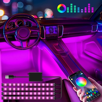 4 عدد 48 چراغ LED استریپ داخلی خودرو IP65 با کنترل برنامه پورت USB